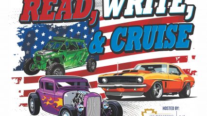 Illustration of three cars, set against an American flag background. Bold text reads "Read, Write, & Cruise." Hosted by San Bernardino County Library.
