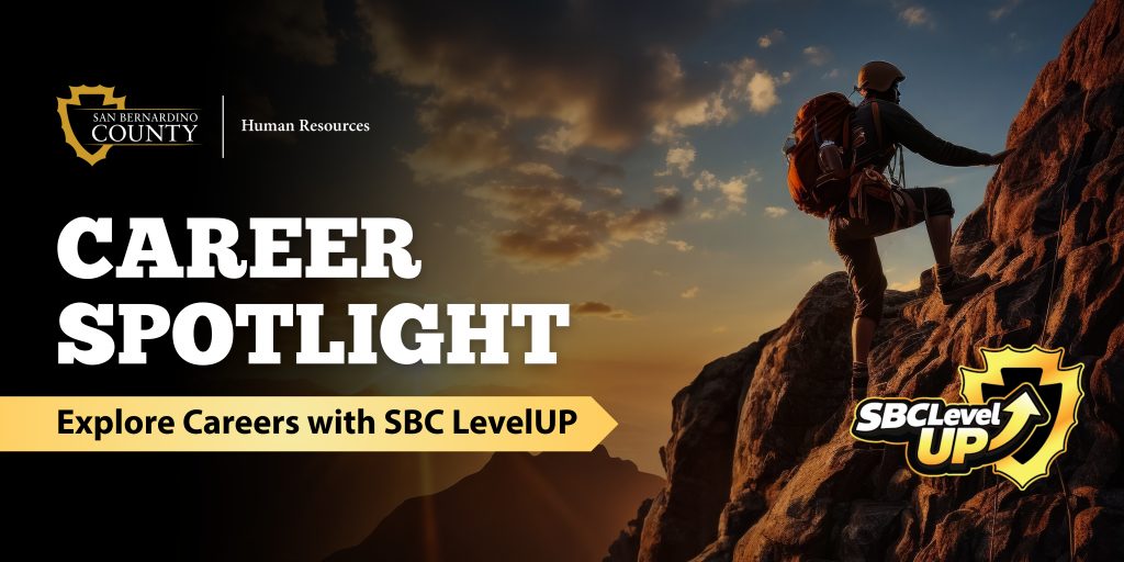 Career Spotlight graphic with mountain climber, County HR branding, and SBC LevelUP logo promoting career exploration.