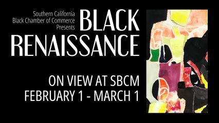 Promotional graphic for Black Renaissance with white text on a black background, next to a colorful abstract collage.
