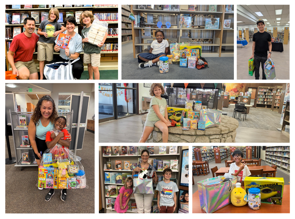 Collage of diverse families and shoppers happily posing with colorful books, toys, games and shopping bags inside a library.