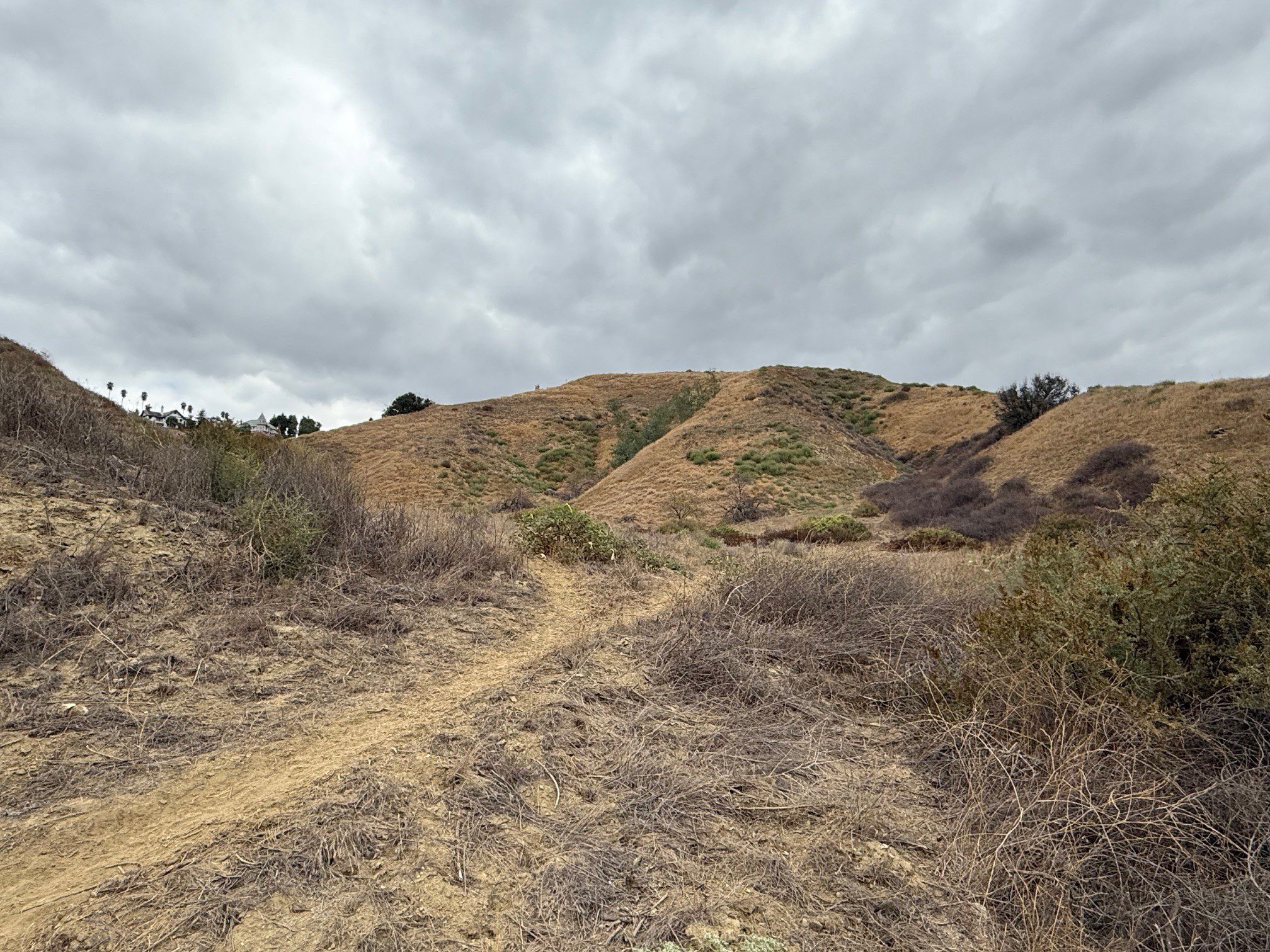 A dirt path leading up to some hills.