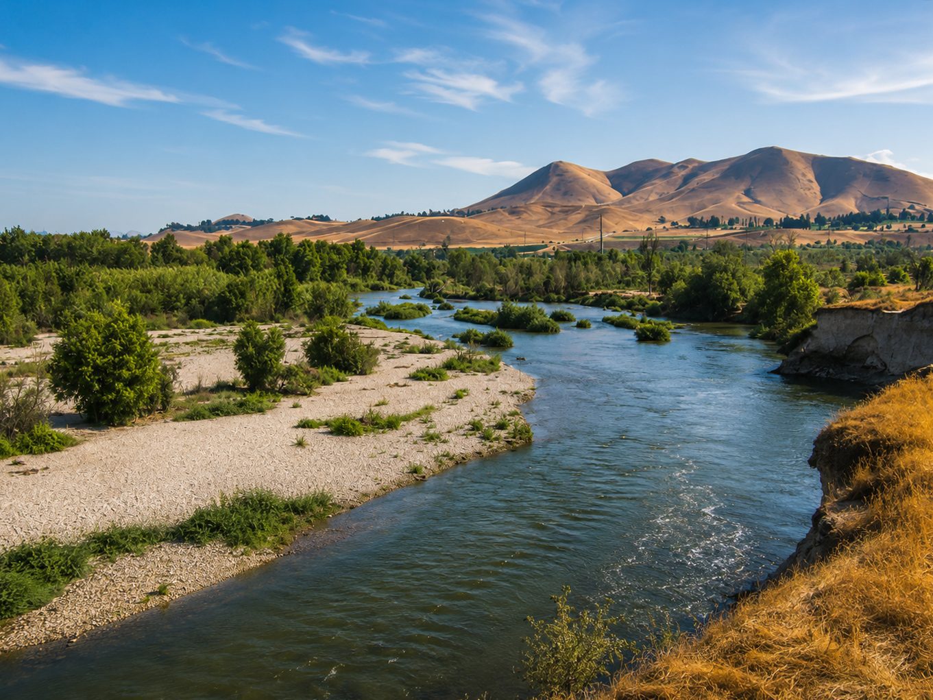 A landscape featuring a gently flowing river bordered by green and sandy banks. In the background, rolling hills contrast with a blue sky dotted with wispy clouds.