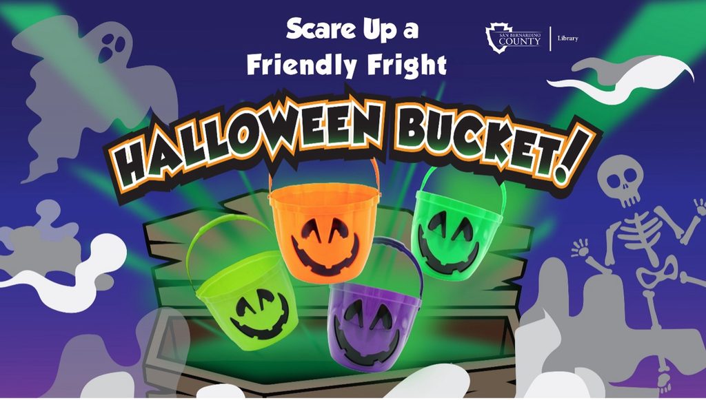 “Scare Up a Friendly Fright” Halloween poster featuring four glowing jack-o’-lantern buckets surrounded by ghosts and skeletons.