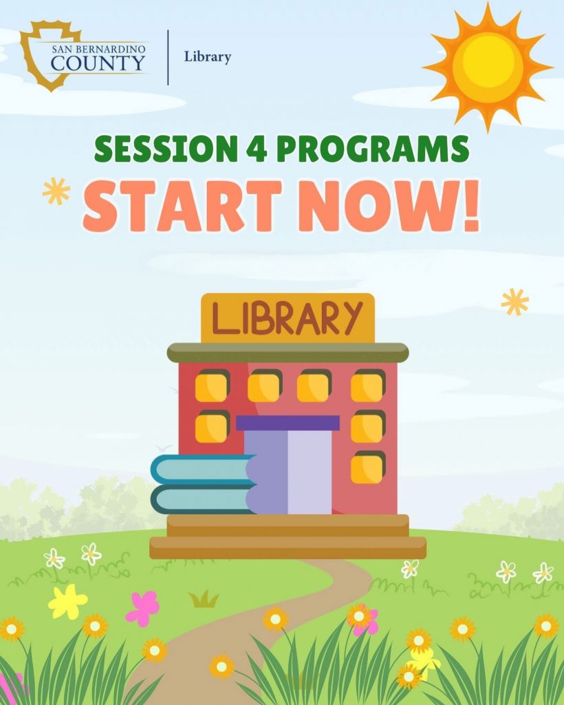 Cartoon library building with colorful books, set in a grassy field with flowers under a bright sun. Text announces, "Session 4 Programs Start Now!" Aug. 17 – Sept. 27.