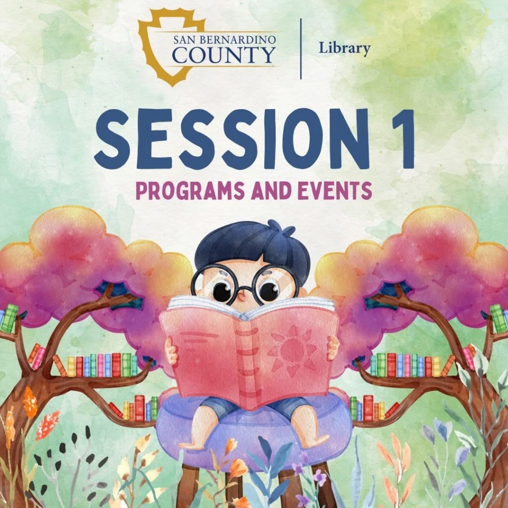  Illustration of a child with glasses reading under colorful trees filled with books. Text reads "Session 1: Programs and Events" with the San Bernardino County Library logo. 