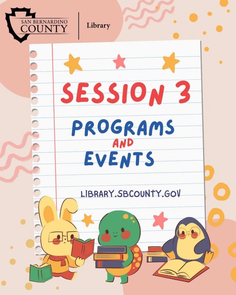 Illustration of a rabbit, turtle, and penguin with books in front of notebook paper with Session 3 Programs and Events and website. SBCL logo on top left. 