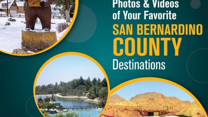 A graphic encouraging reader to share photos and videos of their favorite San Bernardino County destinations. The graphic features a carved bear statue, scenic landscapes and a historic train.