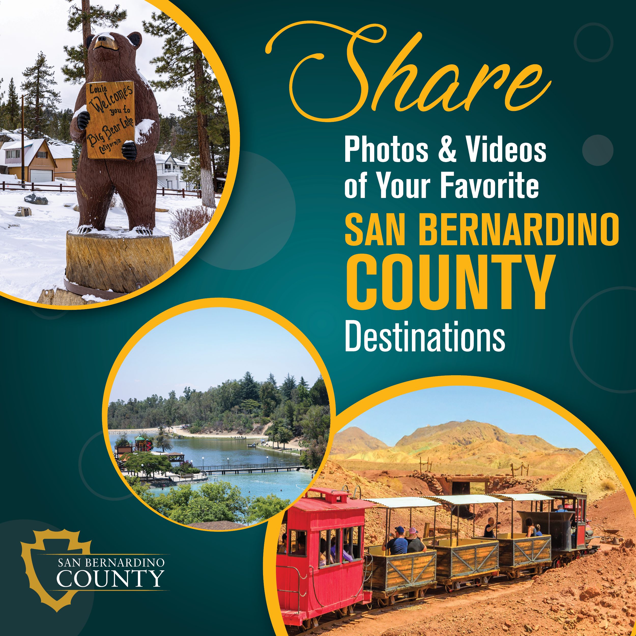 A graphic encouraging reader to share photos and videos of their favorite San Bernardino County destinations. The graphic features a carved bear statue, scenic landscapes and a historic train.