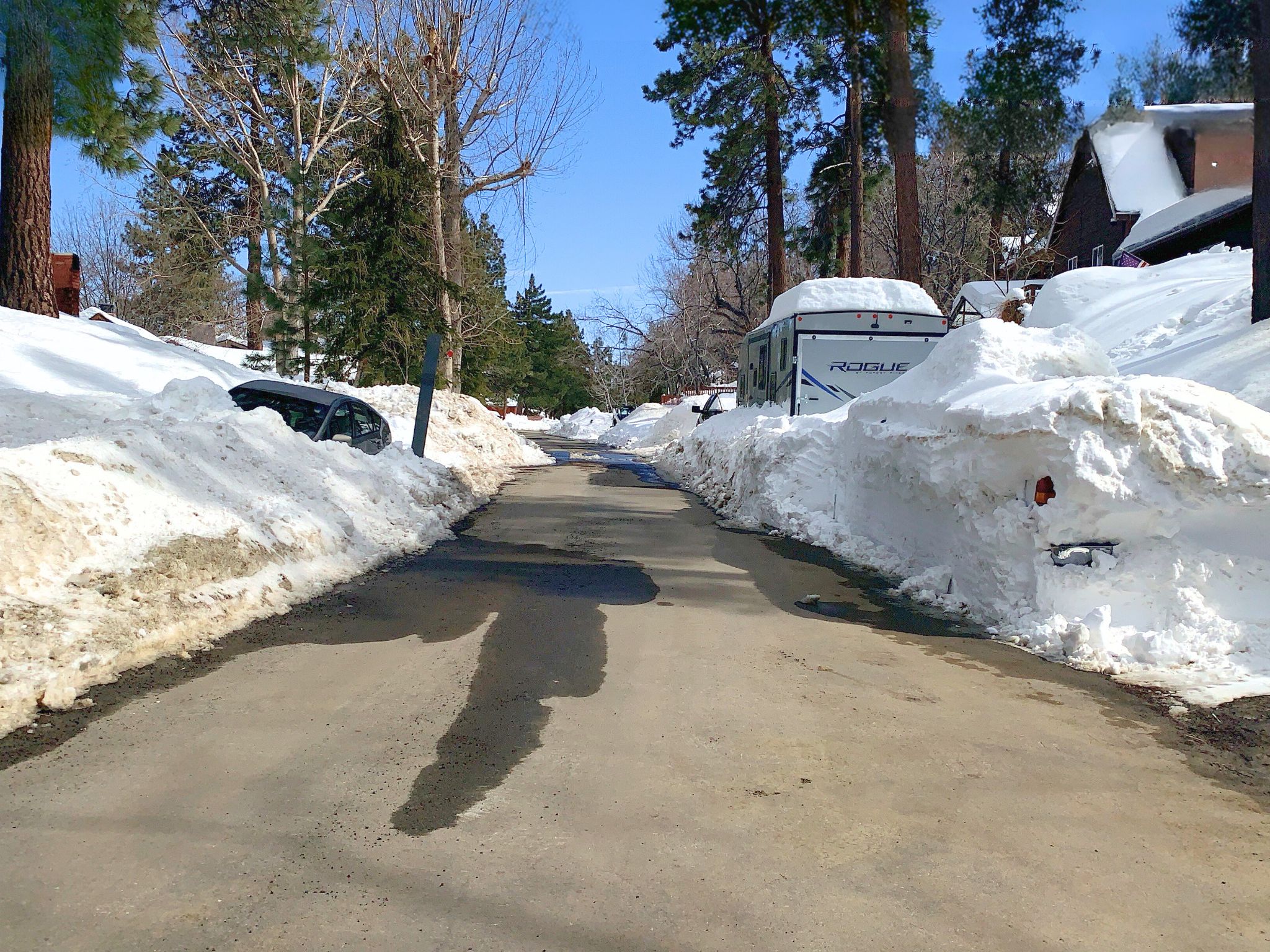A mountain road cleared down the center for traffic, with snow-covered cars parked along both sides, showing the impact of not moving vehicles before plowing.