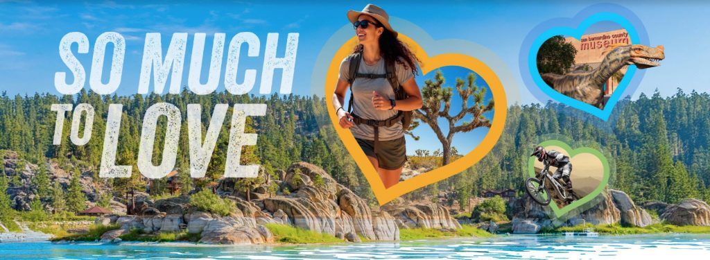 Hiker, dinosaur, and mountain biker in heart frames over scenic lake and pines with text “SO MUCH TO LOVE.”