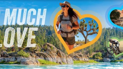 Hiker, dinosaur, and mountain biker in heart frames over scenic lake and pines with text “SO MUCH TO LOVE.”