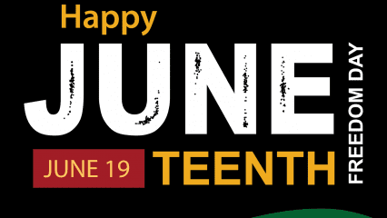 Black background with a green, yellow and red wave. Text: County offices CLOSED Friday, June 19, 2026. Happy JUNETEENTH. FREEDOM DAY. County logo.