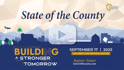 ate of the County 2025 event graphic with date, theme "Building a Stronger Tomorrow," and Ontario Convention Center location info.