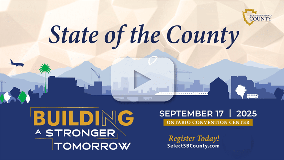 ate of the County 2025 event graphic with date, theme "Building a Stronger Tomorrow," and Ontario Convention Center location info.