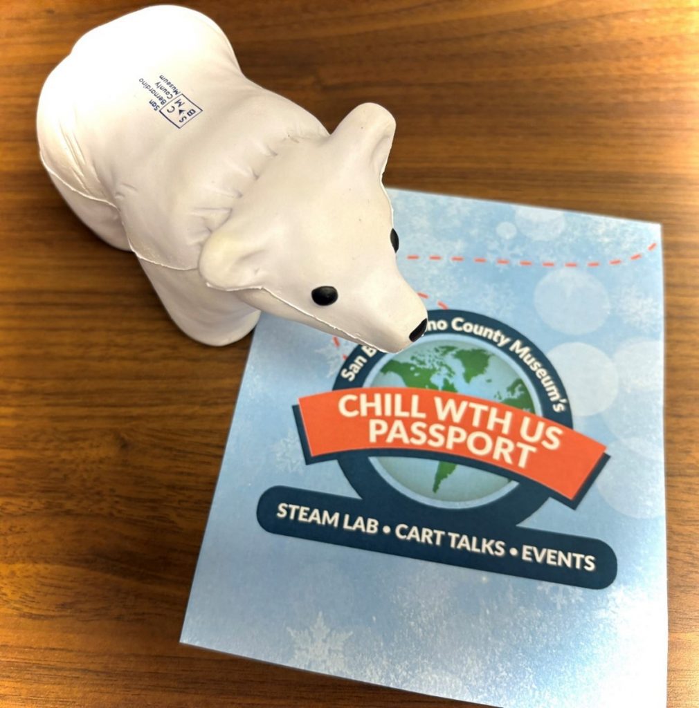 A polar bear squeeze toy sits on a table showcasing the museum’s “Chill with Us” summer passport.