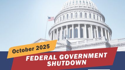 An image of the Capitol building with text, October 2025, Federal Government Shutdown. Scan the QR code for more information on a blue background.