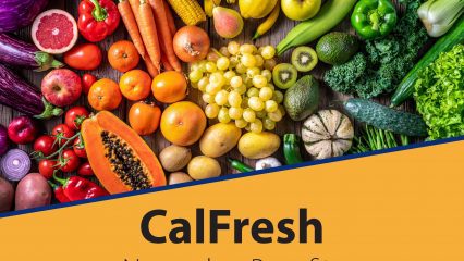 Picture of fruit and a black county Transitional Assistance logo. Text: CalFresh, November Benefits. Federal Government Shutdown Update.