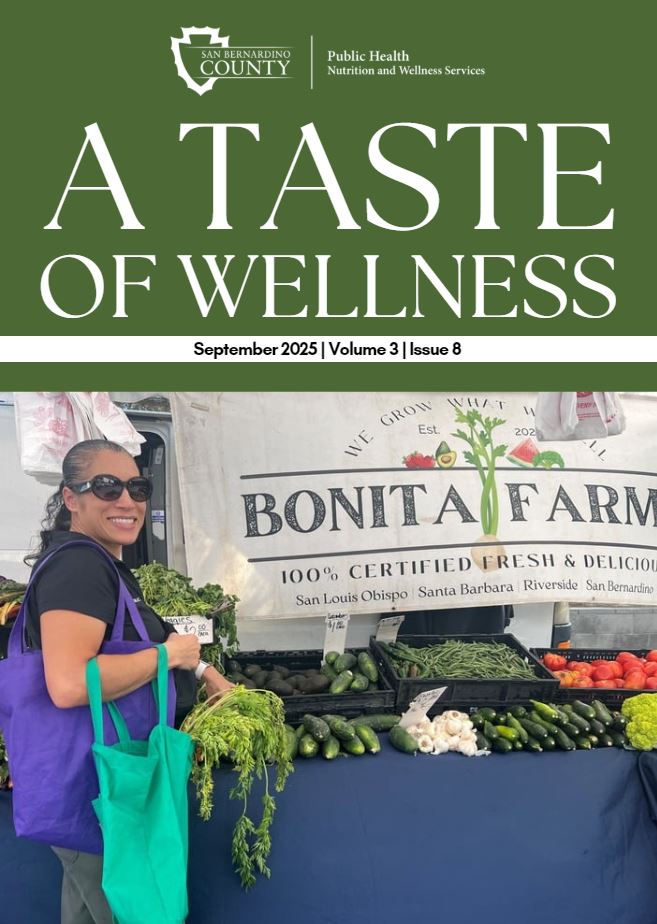 Smiling woman holds veggies at a farmers market in front of a "Bonita Farm" stand; text reads "A Taste of Wellness, Sept 2025, Vol 3, Issue 8."