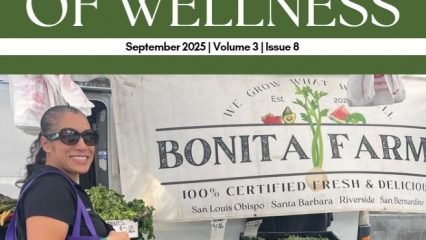 Smiling woman holds veggies at a farmers market in front of a "Bonita Farm" stand; text reads "A Taste of Wellness, Sept 2025, Vol 3, Issue 8."