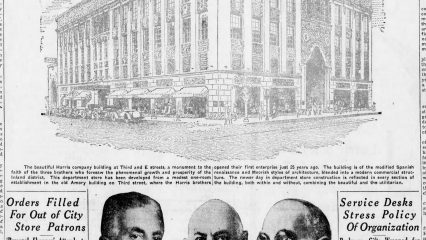Architectural drawing of the Harris building. Below the illustration are portraits of the Harris brothers, Herman, Philip and Arthur.