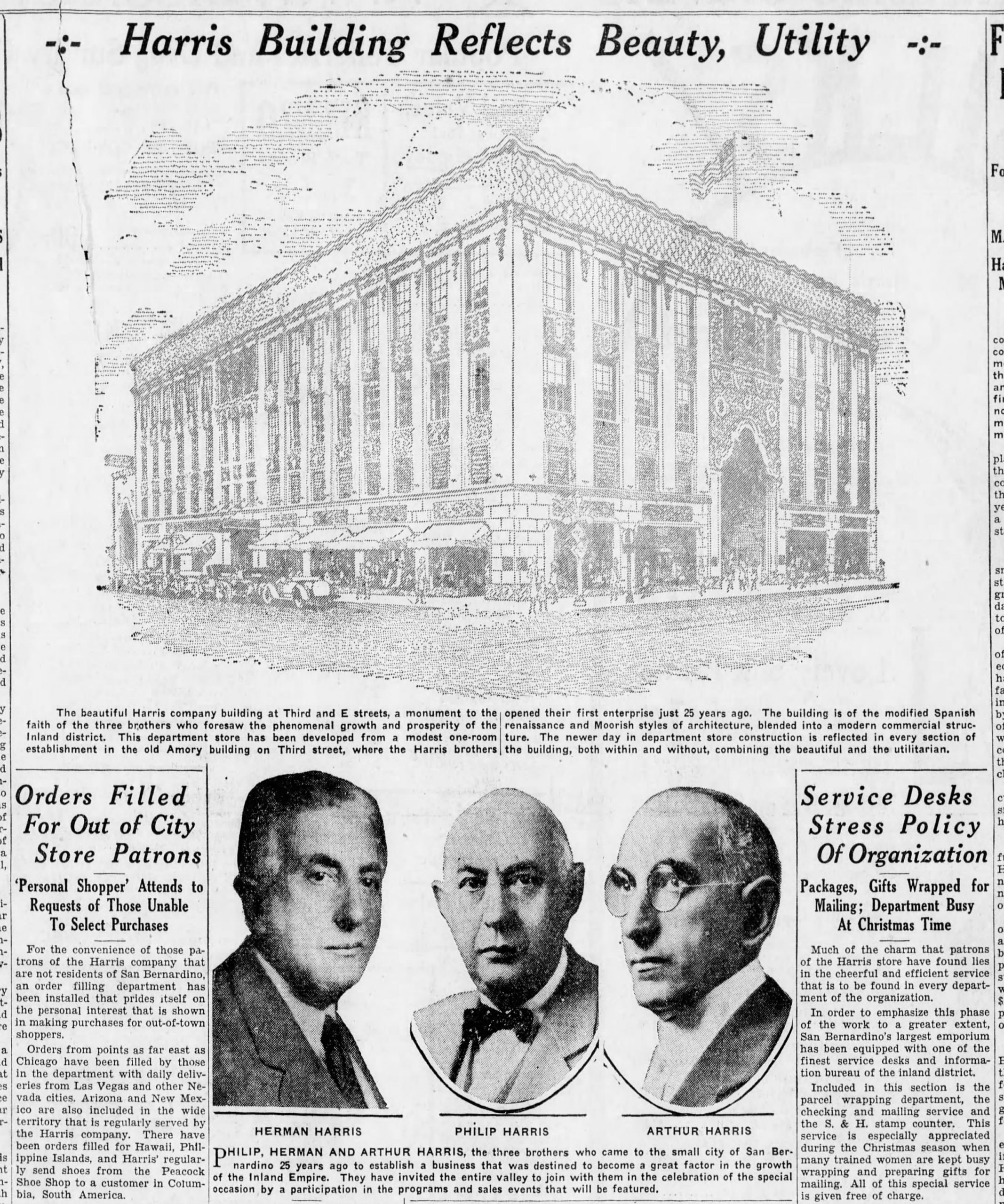 Architectural drawing of the Harris building. Below the illustration are portraits of the Harris brothers, Herman, Philip and Arthur.