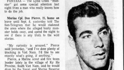 Newspaper article titled "Marine Out For Monster" featuring an interview with a person discussing their curiosity and engagement with the Lytle Creek monster.