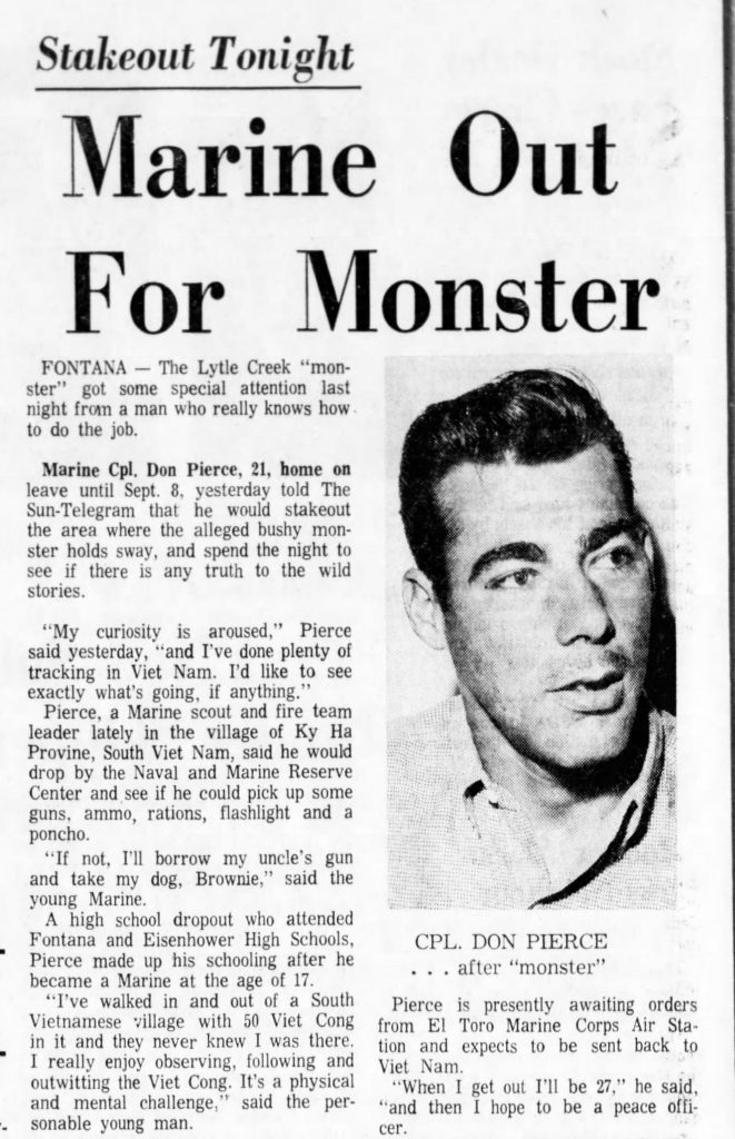 Newspaper article titled "Marine Out For Monster" featuring an interview with a person discussing their curiosity and engagement with the Lytle Creek monster.