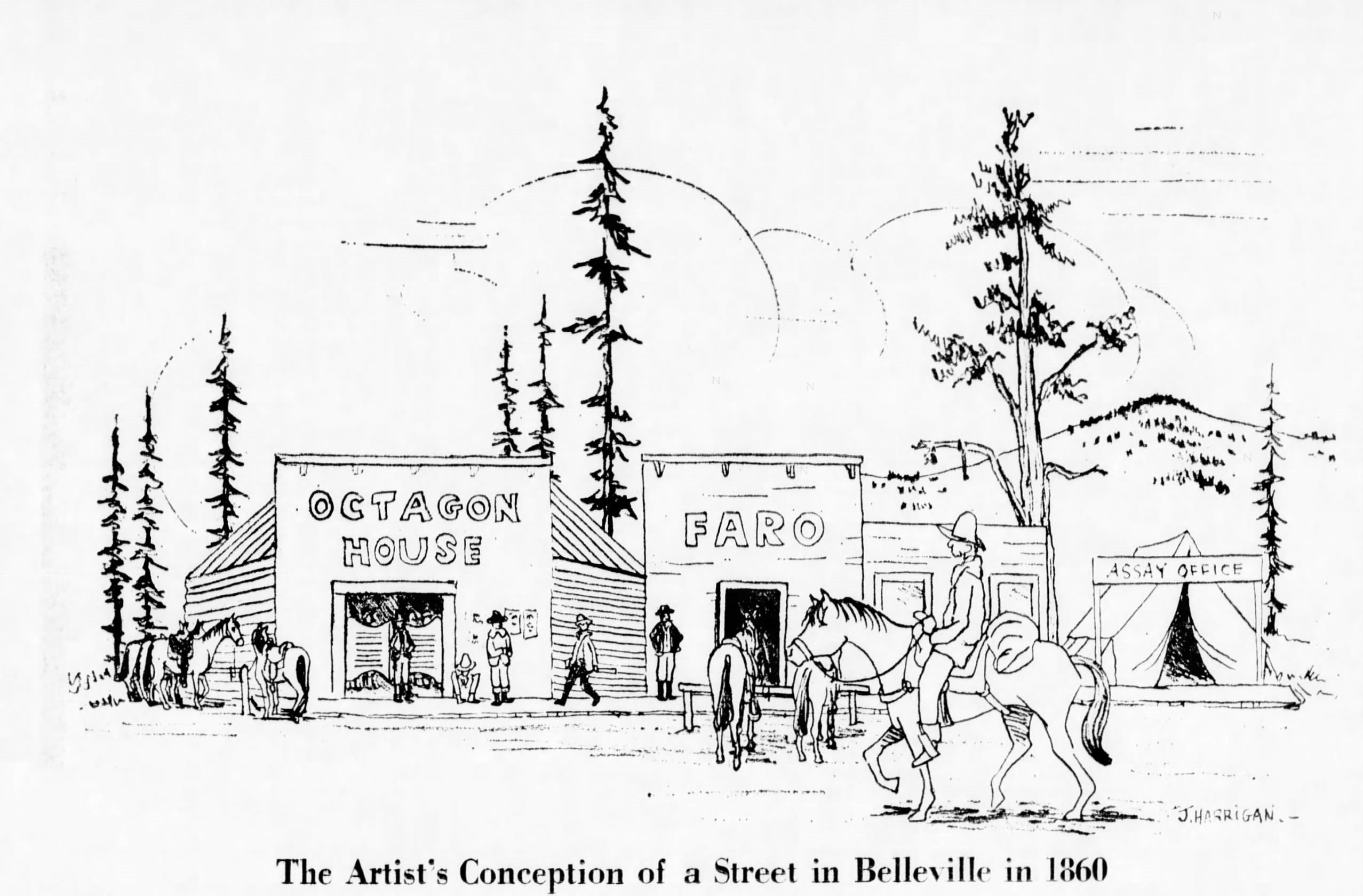 Illustration titled "The Artist's Conception of a Street in Belleville in 1860," showing a street scene with people, a horse, and buildings labeled Octagon House, Faro and Assay Office.