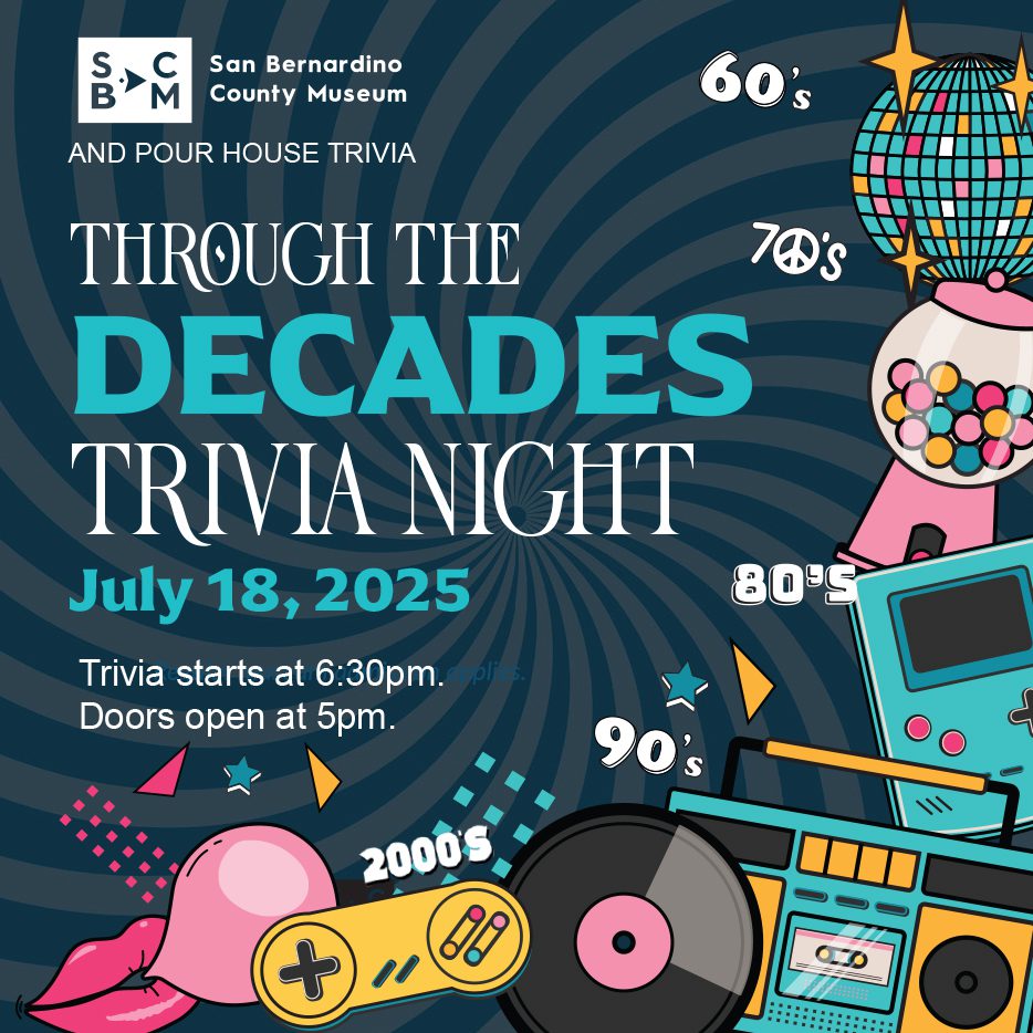 Collage announcement for a vibrant trivia night on Friday, July 18, 2025, 5 - 9 p.m. showcasing questions from different decades, with teams competing and enjoying the atmosphere. Admission is discounted at 50% for all guests.