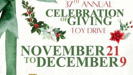 Holiday-themed poster for the 37th Annual Celebration of Giving Toy Drive by Children's Fund, from November 21 to December 9, featuring holly and a green ribbon as well as San Bernardino County Library and Children’s Fund logos.