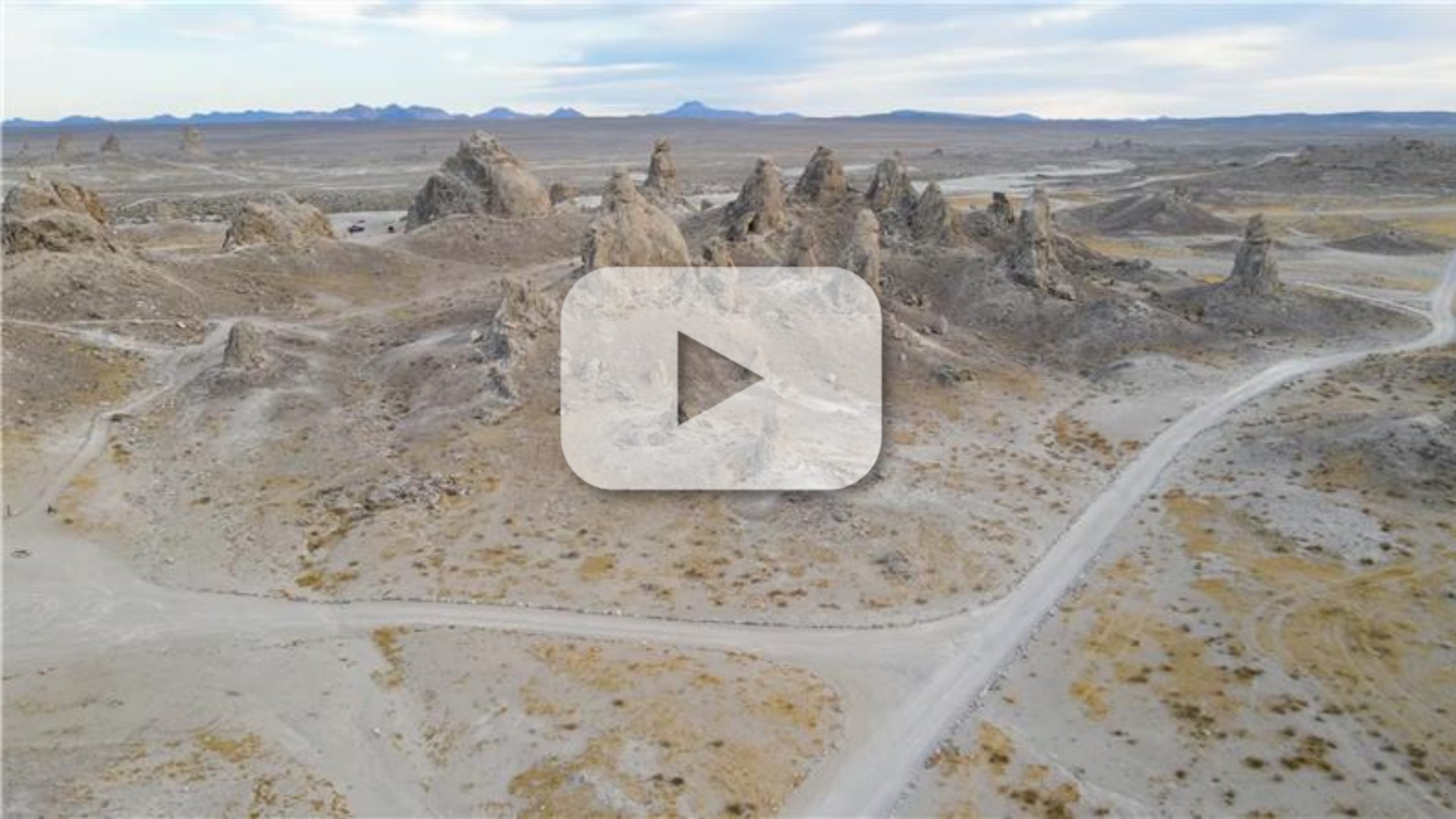 Aerial view of the Trona Pinnacles in a desert landscape.