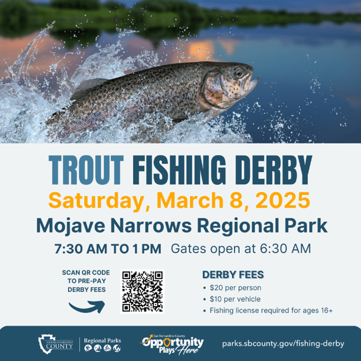 A promotional flyer for the Trout Fishing Derby at Mojave Narrows Regional Park on March 8, 2025, featuring a trout splashing out of the water against a scenic lake backdrop.