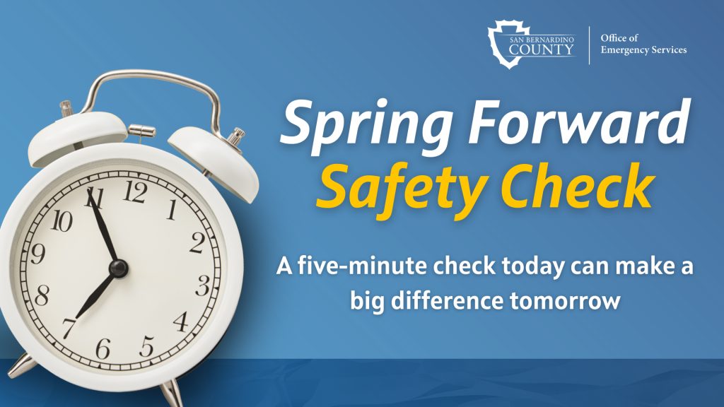 Graphic with an alarm clock and the text “Spring Forward. Safety Check. A five-minute check today can make a big difference tomorrow.”