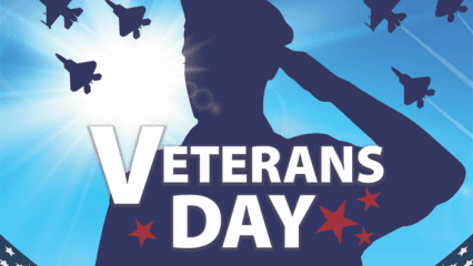 Soldier silhouette with jets in sky and American flags. Text: “County offices will be CLOSED on Tuesday, November 11 in observance of Veterans Day.”