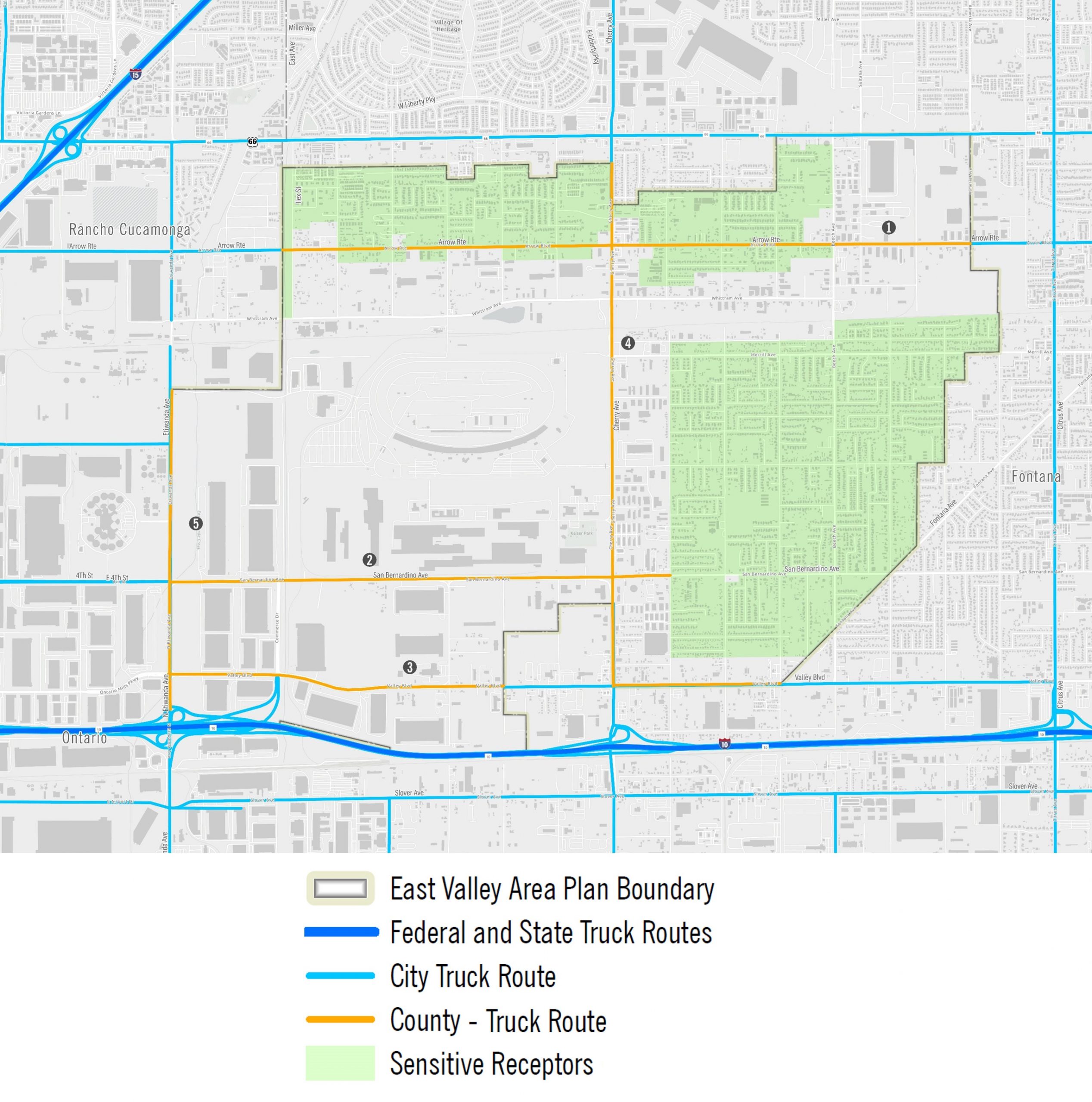 A grid map with gray and green areas. Several truck routes are displayed as colored lines across the map. Federal and State Truck Routes are shown in thick dark blue lines running east–west and north–south, including major highway segments. City Truck Route is shown in light blue lines, connecting local roads in Rancho Cucamonga, Ontario, Fontana and adjacent areas. County Truck Routes are shown in three yellow east–west lines and two north-south lines, for a total of 5 yellow lines labeled “1” to “5,” running close to the center of the map. The green areas represent Sensitive Receptors. City name labels visible on the map include: Rancho Cucamonga, Ontario, and Fontana.