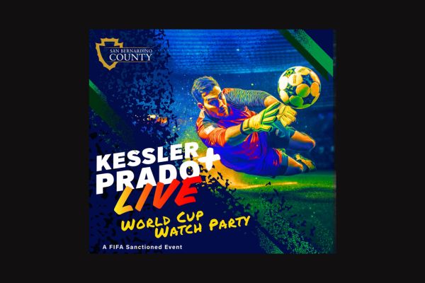 A male soccer goalie dives to catch a soccer ball in mid-air with text that says Live World Cup Watch Party, A FIFA Sanctioned Event and the county logo.