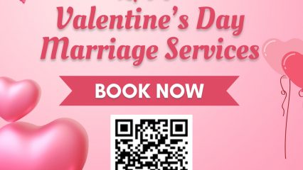 Graphic with pink hearts with text that says 2/14 Valentine's Day Marriage Services Book Now. To learn about the San Bernardino County Clerk’s marriage services, including hours, times and appointment information please visit: arc.sbcounty.gov/marriage.