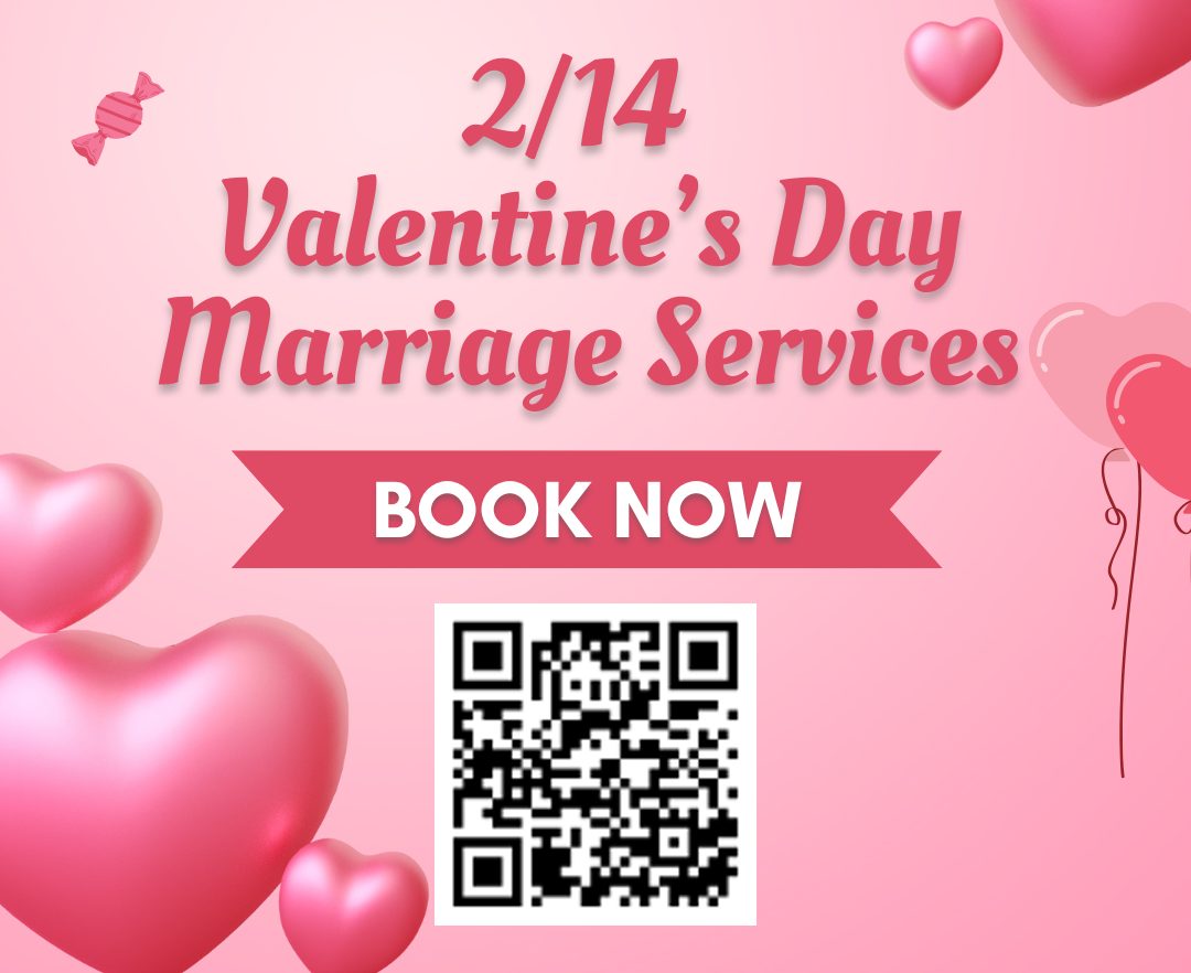 Graphic with pink hearts with text that says 2/14 Valentine's Day Marriage Services Book Now. To learn about the San Bernardino County Clerk’s marriage services, including hours, times and appointment information please visit: arc.sbcounty.gov/marriage. 