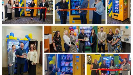Collage showing ribbon-cutting ceremonies for new book vending machines in libraries. Smiling groups, colorful yellow and blue balloon decor.