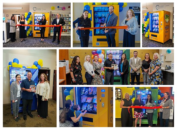 Collage showing ribbon-cutting ceremonies for new book vending machines in libraries. Smiling groups, colorful yellow and blue balloon decor.