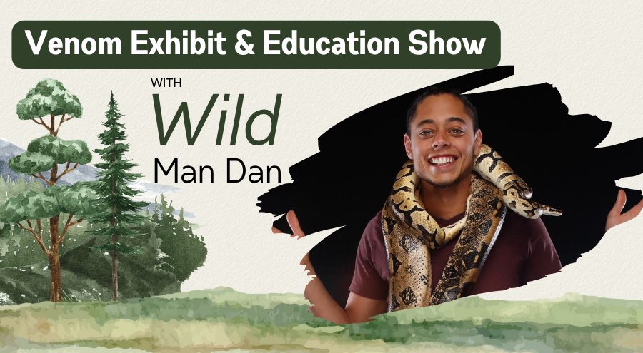 Wild Man Dan with snake on his neck, three photos of him holding a scorpion, a tarantula and an iguana on his head. Venom Exhibit & Education Show, Saturday, Feb. 7, Regional Parks logo, parks.sbcounty.gov 