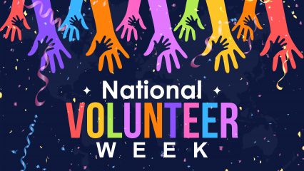 Logo for National Volunteer Week with hands extending outward, representing the spirit of volunteering and community engagement.