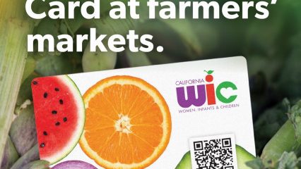 WIC card with fruits and a QR code, promoting use at farmers’ markets for easier checkout.