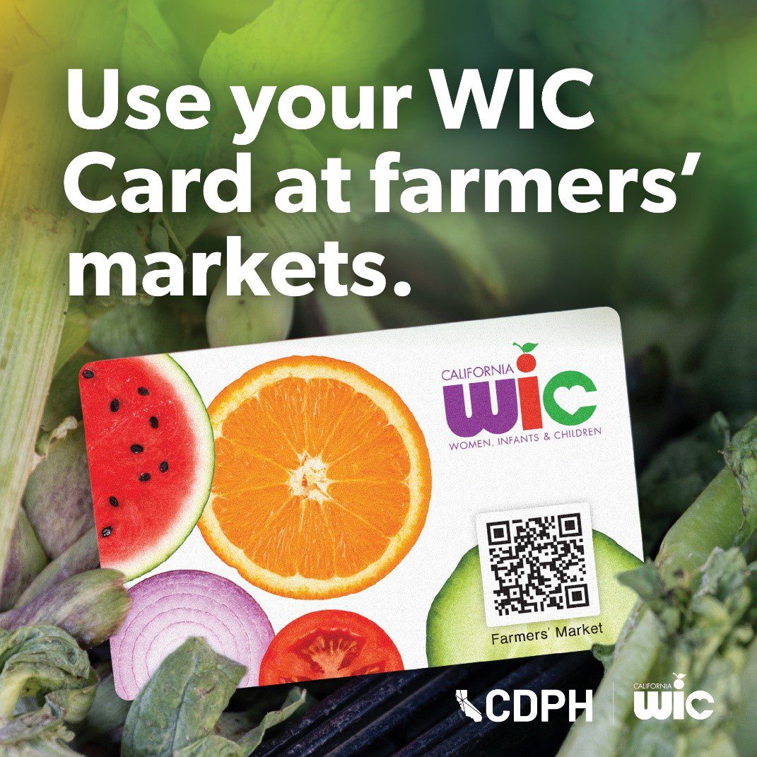 WIC card with fruits and a QR code, promoting use at farmers’ markets for easier checkout.
