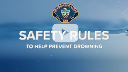 San Bernardino County logo. Text “Safety rules to help prevent drowning.”