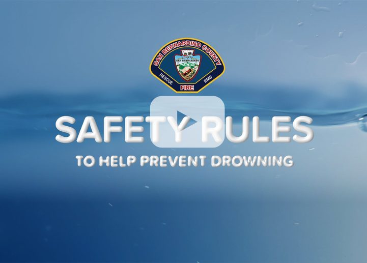 San Bernardino County logo. Text “Safety rules to help prevent drowning.”