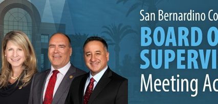 A "San Bernardino County Board of Supervisors Meeting Actions" banner with five members standing in front of the County Government Center.