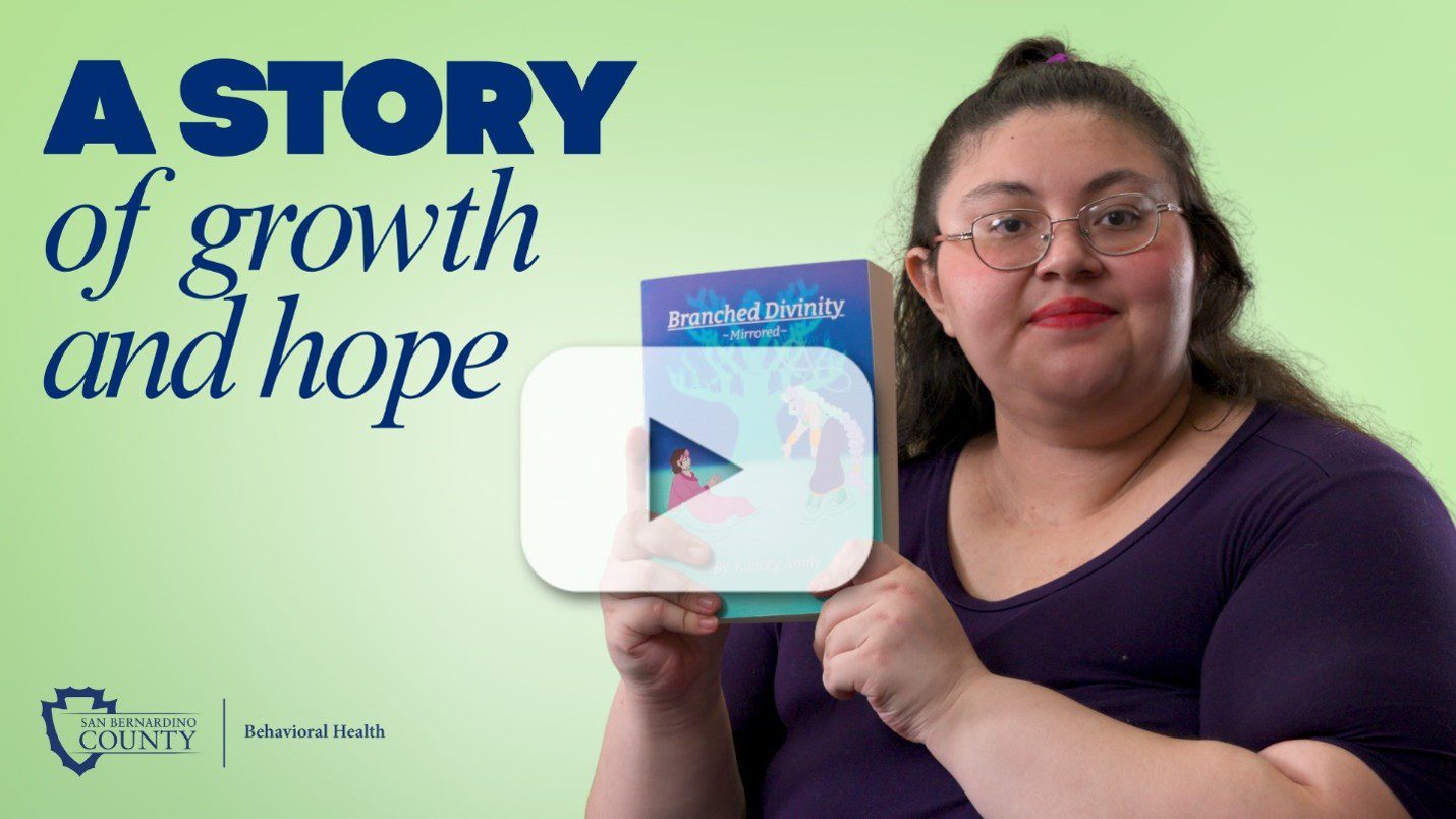 “A Story of Growth and Hope” video graphic featuring a young author holding her published book, Branched Divinity: Mirrored.