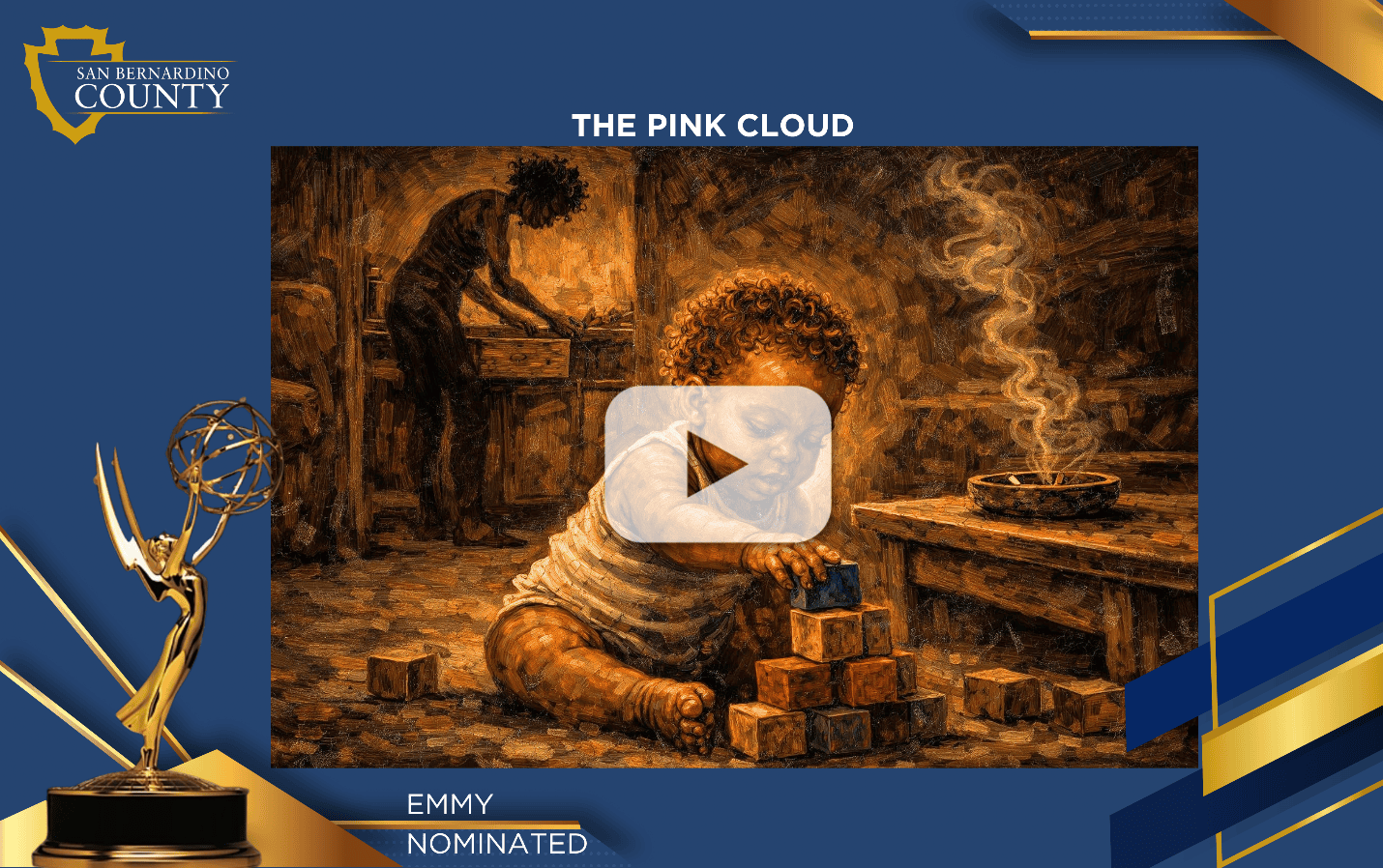 The Pink Cloud graphic shows a baby near blocks and an ashtray, with a play button and Emmy-nominated badge.