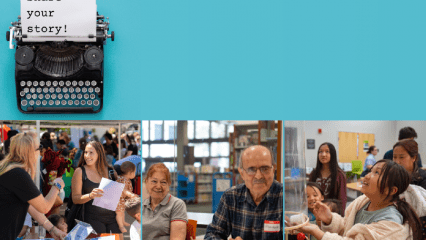 Collage of people of different ages using library services. A typewriter image includes the text, “Share your story!”